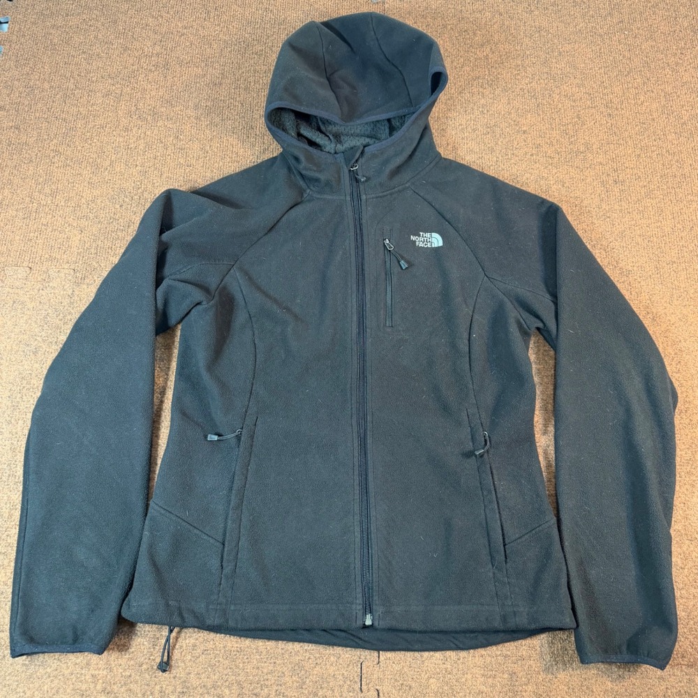 The North Face Womens Full Zip Hooded Fleece Jacket Black Size L Pockets Cinch